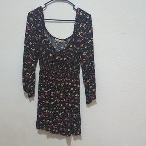 Liberty Love Black Floral Ruched Baby Doll Short Dress Women's Size Large.🌟